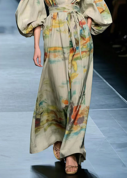 Apricot Cinched Print Cotton Long Dress Lantern Sleeve