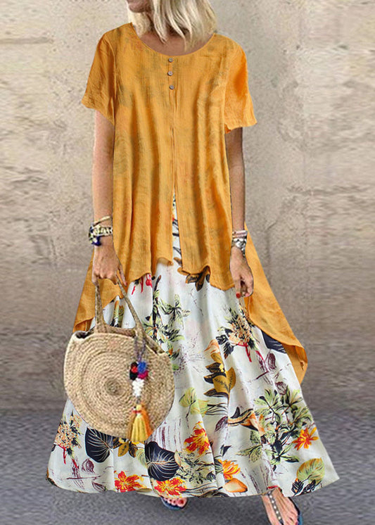 Short Sleeve O-neck Print Patchwork Pocket Long Maxi Dress for