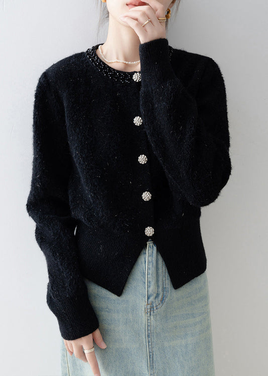 Black O Neck Button Knit Cardigans Spring
