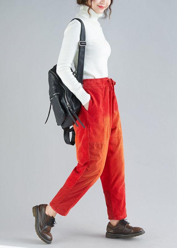 Red Retro Colorblock Tie Waist Fall Corduroy Pants