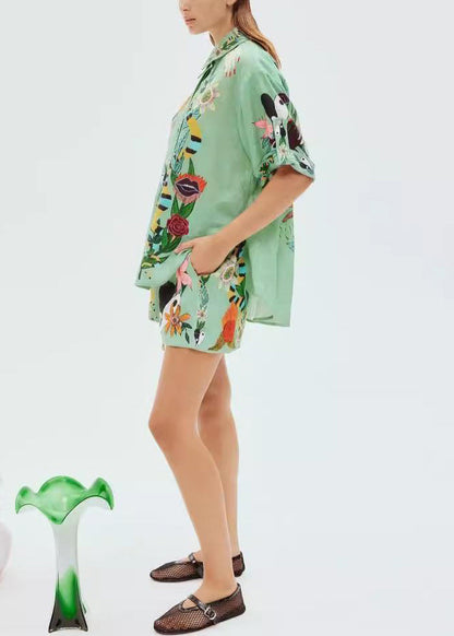 Green Print Elastic Waist Shirts and Shorts Linen Two Piece Set Summer