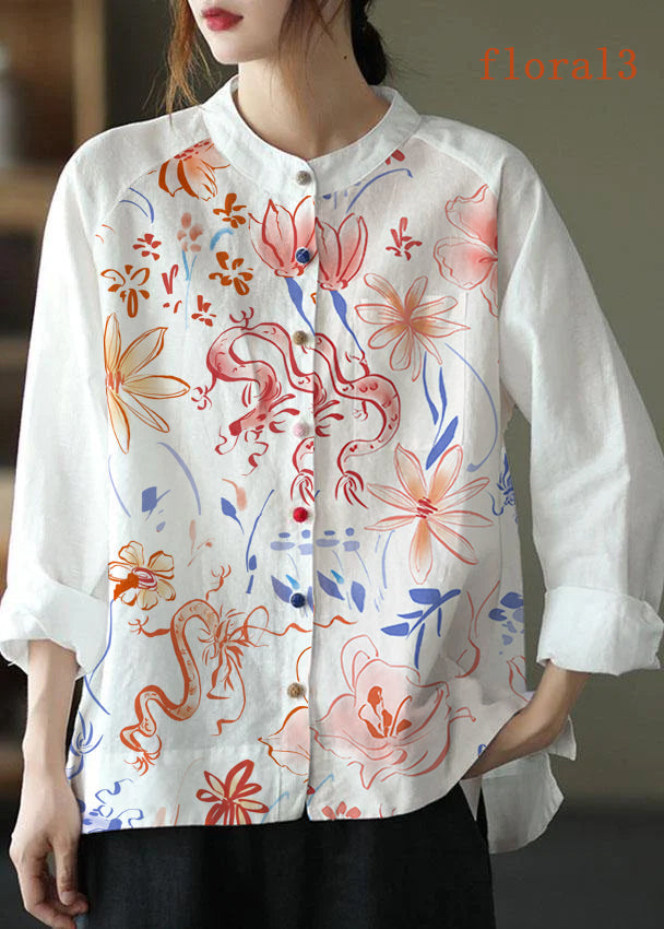 Modern Pink Flower Loose Patchwork Pockets Fall Long Sleeve Blouse Top