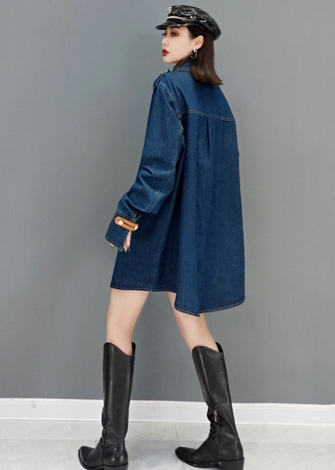 Blue Peter Pan Collar Cotton Denim Long Coat Long Sleeve