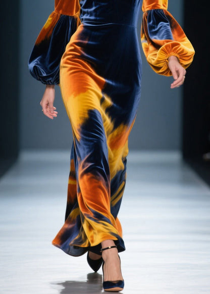 V Neck Tie Dye Velvet Long Dress Lantern Sleeve