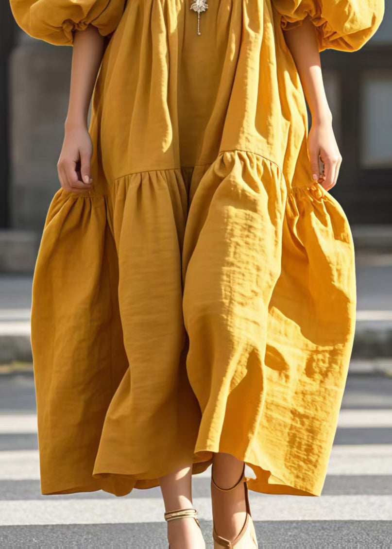 Yellow Puff Sleeve Oversized Cotton Vestidos Dressn Summer
