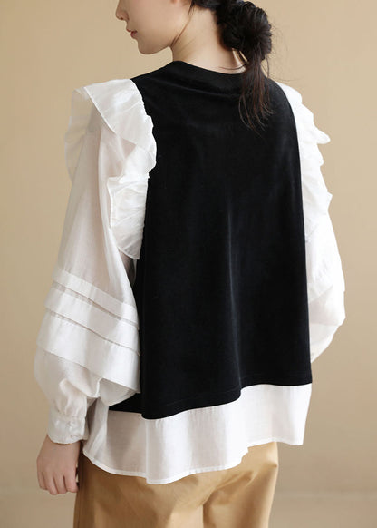 Unique Black White O-neck Ruffles Patchwork Cotton Fake Two Piece Shirt Long Sleeve
