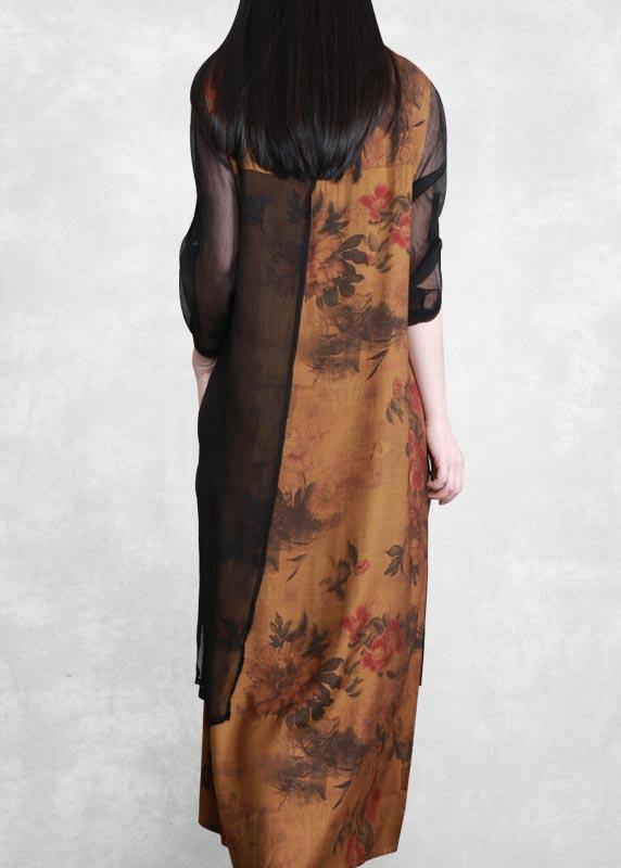 Loose V Neck Patchwork Quilting Clothes Work Outfits Yellow Print Maxi Dresses