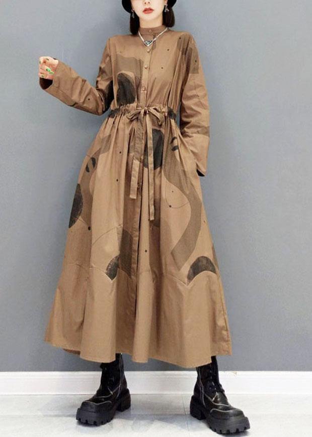 Comfy Brown Pockets Tie Waist Fall Long Sleeve Dresses