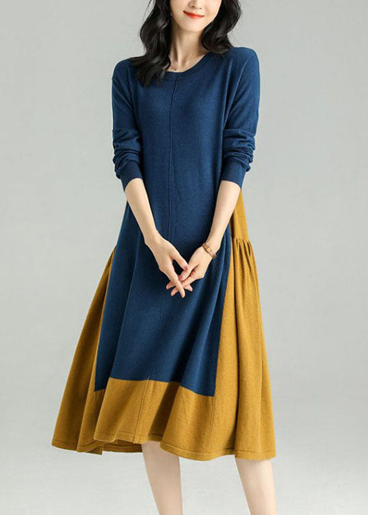 Colorblock O Neck Patchwor Kwrinkled Knit Dress Spring