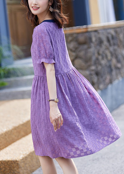 Purple V Neck Plaid Patchwork Cotton Dresses Summer