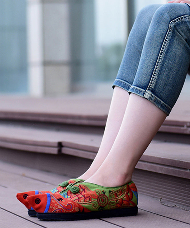 Unique Green Cotton Fabric Flat Shoes for Fish Embroideried Pointed Toe Splicing Flat Shoes