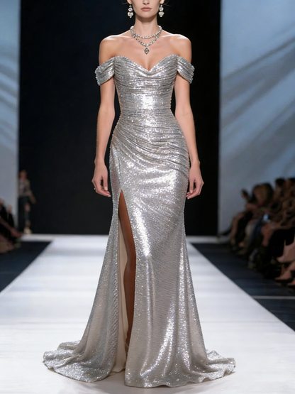 New Champagne Slash Neck Side Open Sequins Party Dress Summer