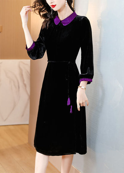 Black Peter Pan Collar Patchwork Silk Velour Maxi Dresses Long Sleeve