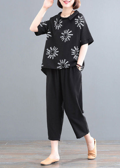 Black Print O-neck Top and Crop Pants Two Pieces Sets Summe