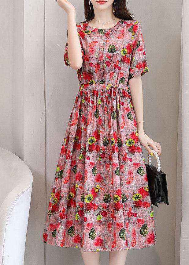 Red O-neck Print Linen Cinch Dresses Short Sleeve