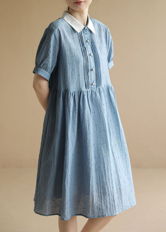 Blue Peter Pan Collar Wrinkled Button Cotton Holiday Dress Short Sleeve