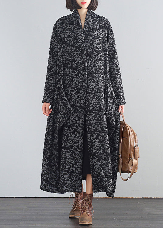 Black V Neck Print Button Trench Coats Fall