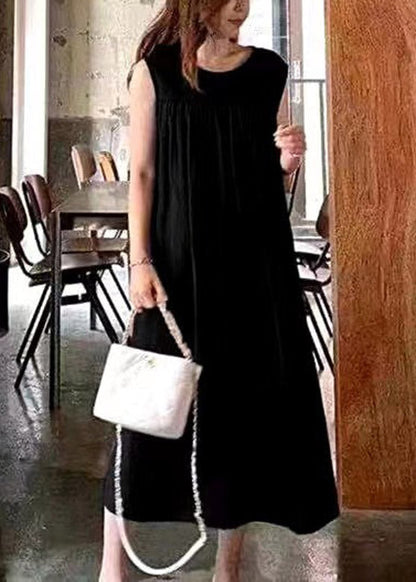 Loose Khaki O-neck Patchwork Wrinkled Llong Dress Summer