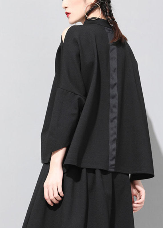 Loose Black Stand Collar Patchwork Zippered Fall Three Quarter Sleeve Top
