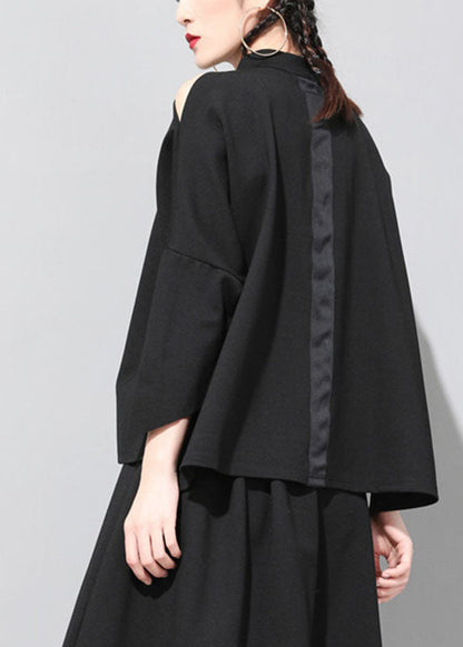 Loose Black Stand Collar Patchwork Zippered Fall Three Quarter Sleeve Top