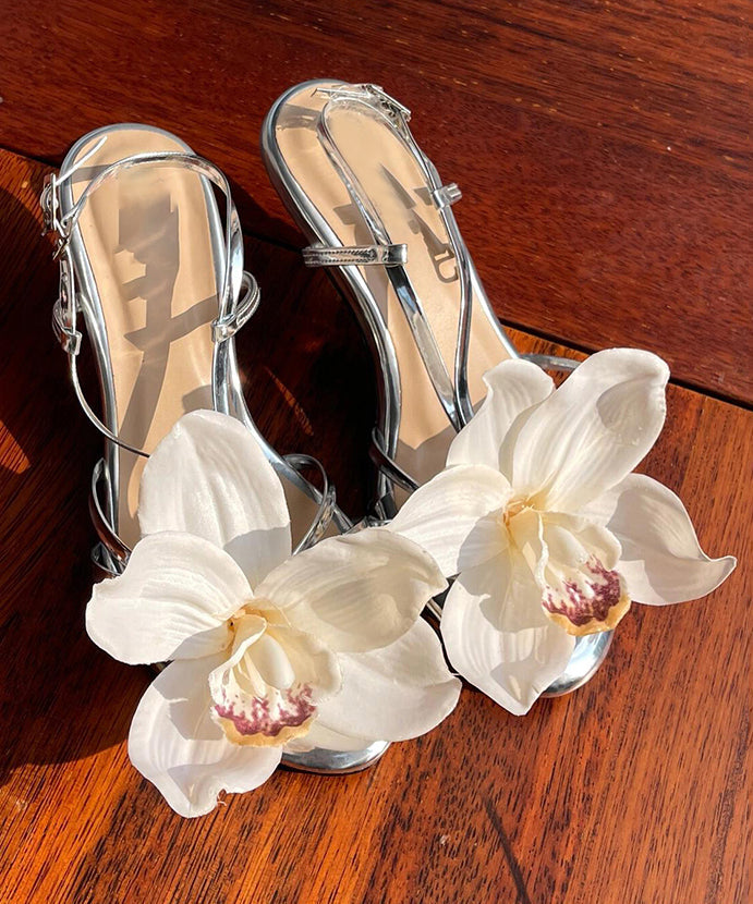 New Silver Flower Open Toed Buckle High Heeled Sandals