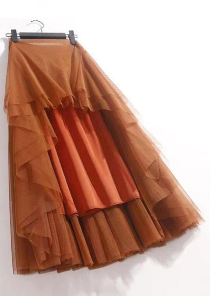 Orange Wrinkled Tulle Summer Skirts High Waist