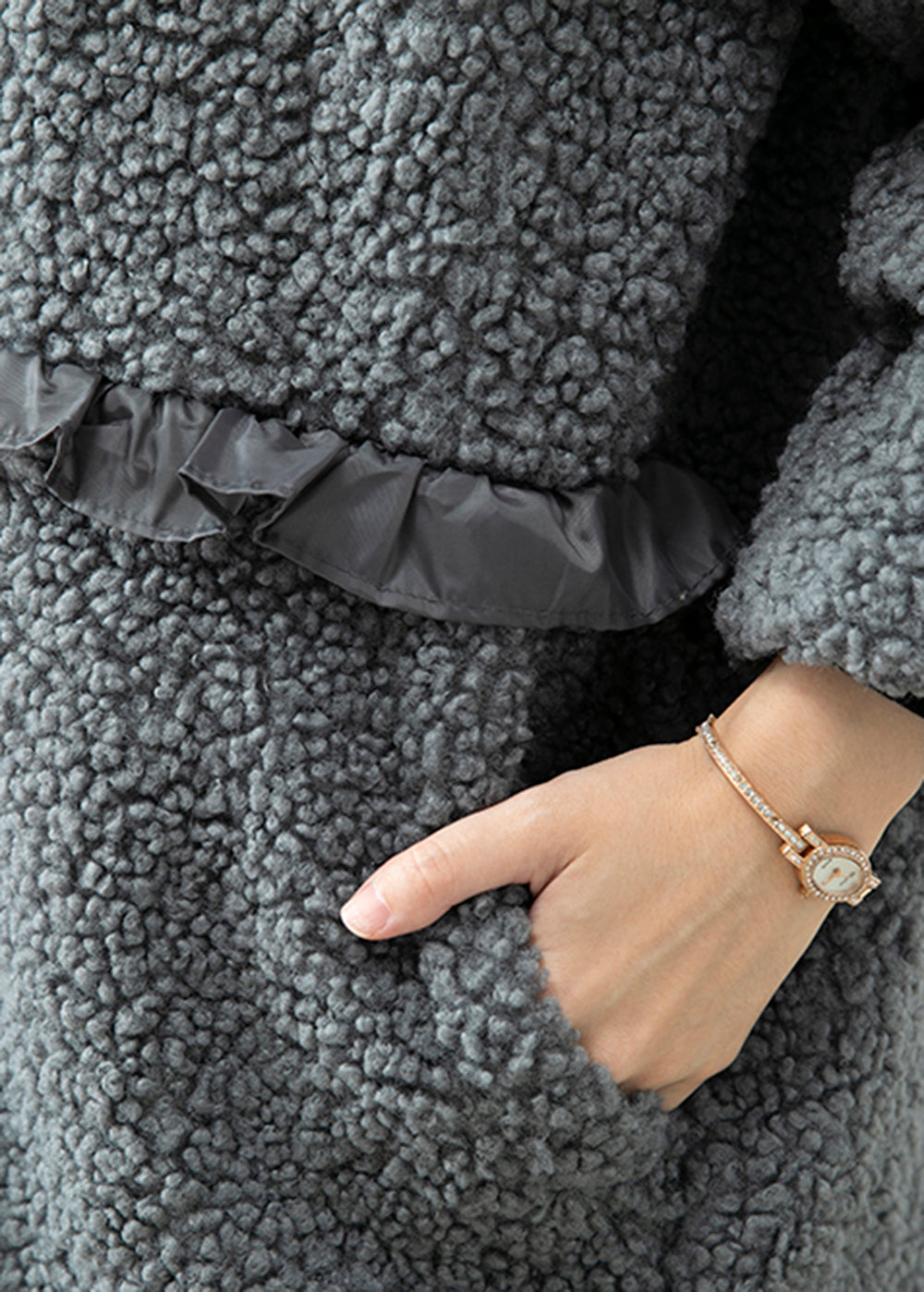 Grey Ruffled Patchwork Faux Fur Coat Winter