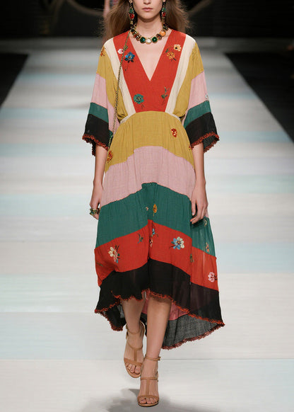 Natural V Neck Patchwork Cotton Long Dress Summer