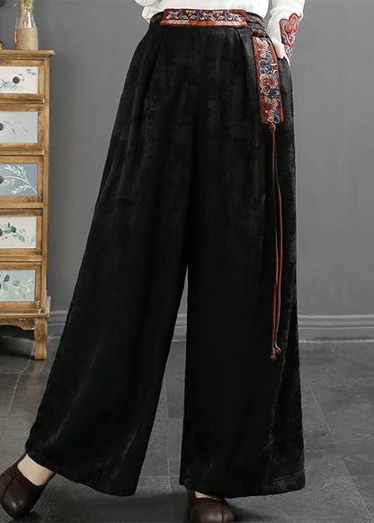 Novelty Grey Embroideried Patchwork Pockets Tassel High Waist Silk Wide Leg Pants Fall