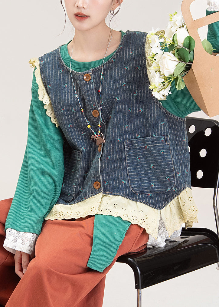 Stylish Denim Blue Lace Patchwork Embroidered Waistcoat and Top Two Pieces Set Fall