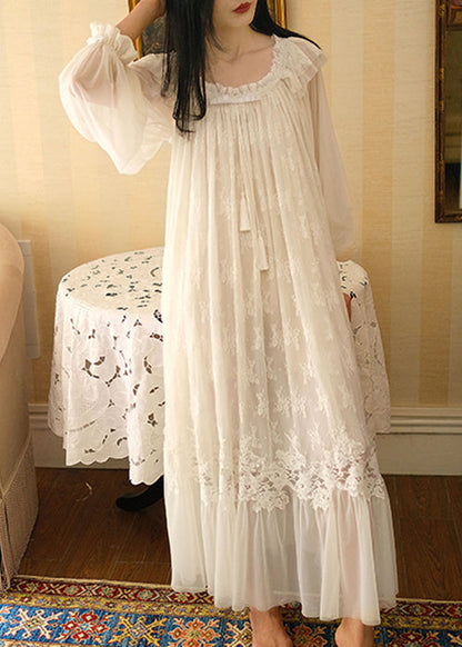 Novelty White Ruffled Lace Tulle Pajamas Long Dress Spring