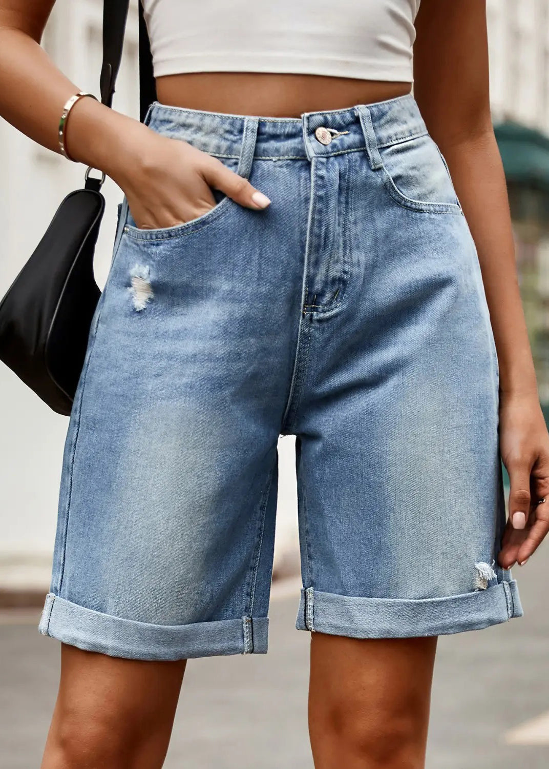 New Light Blue Hole Pockets High Waist Denim Shorts Summer