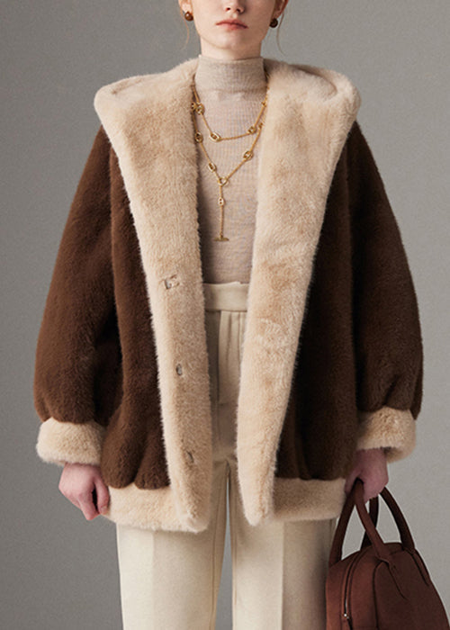 Coffee Pockets Patchwork Mink Hair Winter Coat Hooded