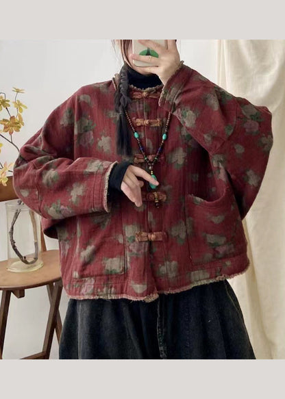 Orange Print Pockets Chinese Button Patchwork Cotton Coat Fall