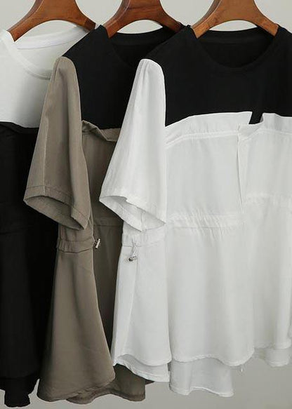 French White Patchwork O-neck Blouses Summer