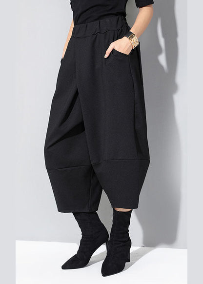 Modern Black Elastic Waist Patchwork Pockets Fall Wide Leg Pants