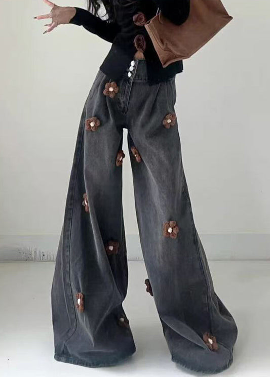 Modern Black Button High Waist Denim Wide Leg Pants Fall