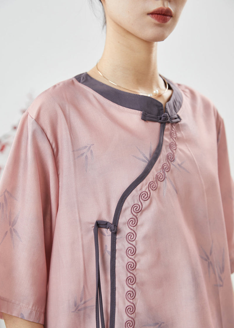 Purple Mandarin Collar Linen Shirt Top Summer