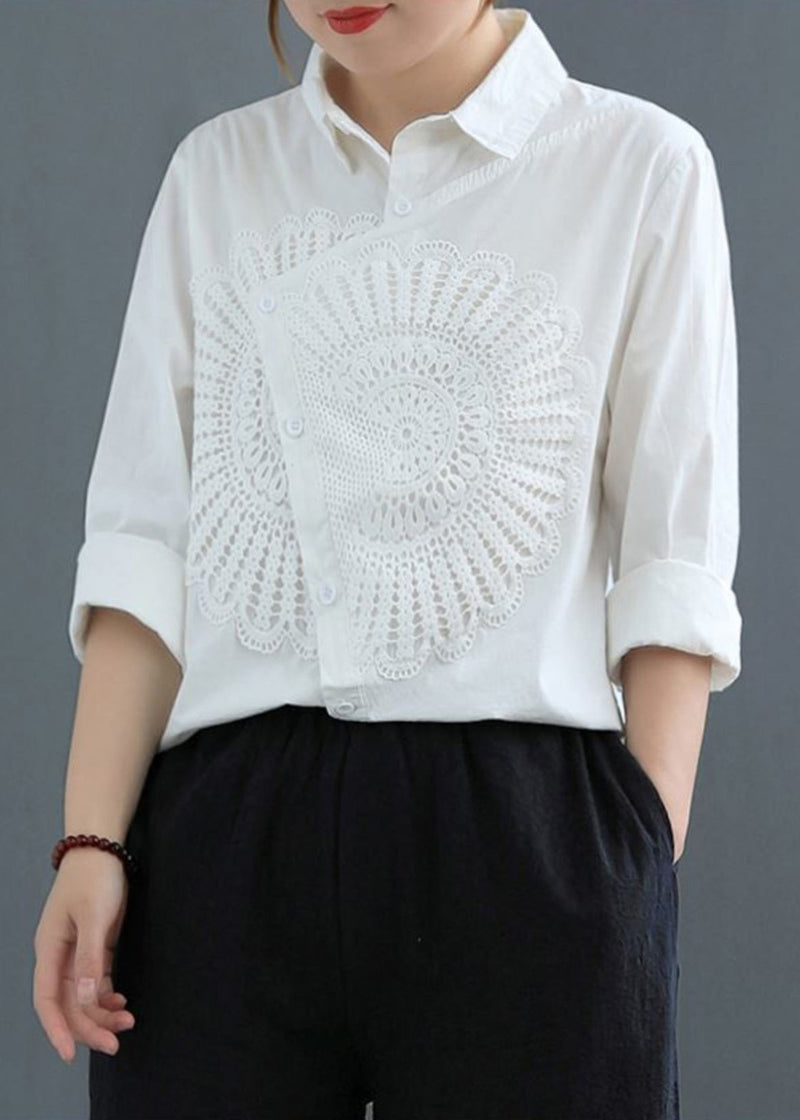 Classy White Asymmetrical Patchwork Lace Shirt Spring