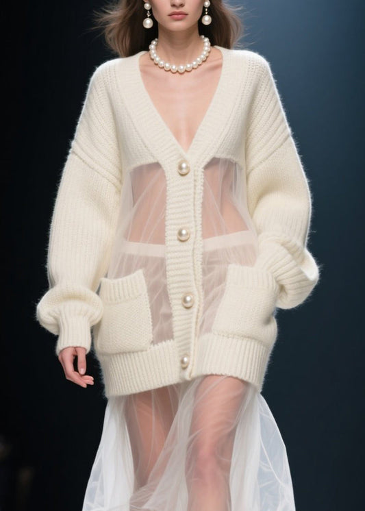 Beige V Neck Tulle Patchwork Knit Cardigans Fall