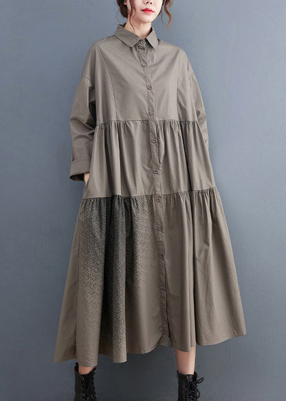 Grey Pockets Cotton Shirt Dresses Wrinkled Long Sleeve