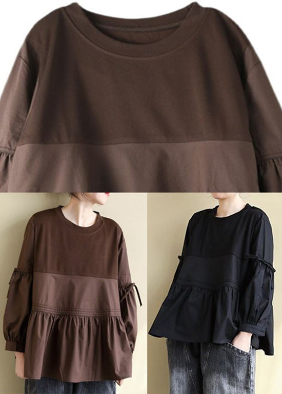 Chocolate O-neck Patchwork Wrinkled Cotton Top Long Sleeve