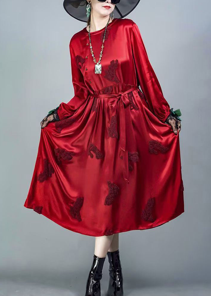 Red O-neck Tie Waist Silk Dresses Spring