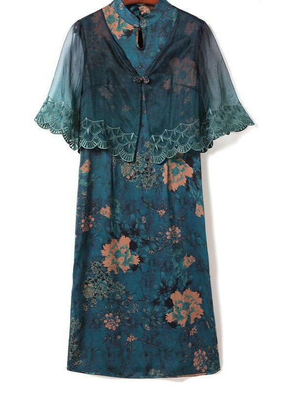 Natural Blue Stand Collar Patchwork Embroideried Silk Maxi Dress Summer