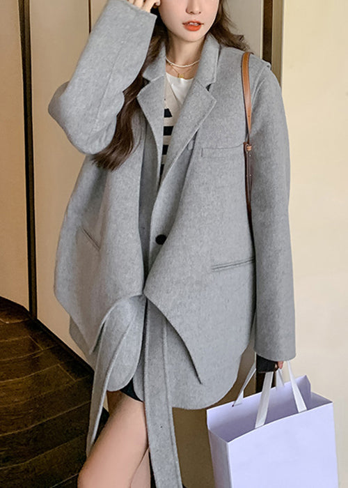 Grey Button Pockets Patchwork Woolen Two Pieces Set Fall