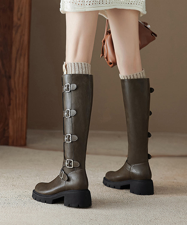 Khaki Boots Platform Faux Leather Splicing Belt Buckle
