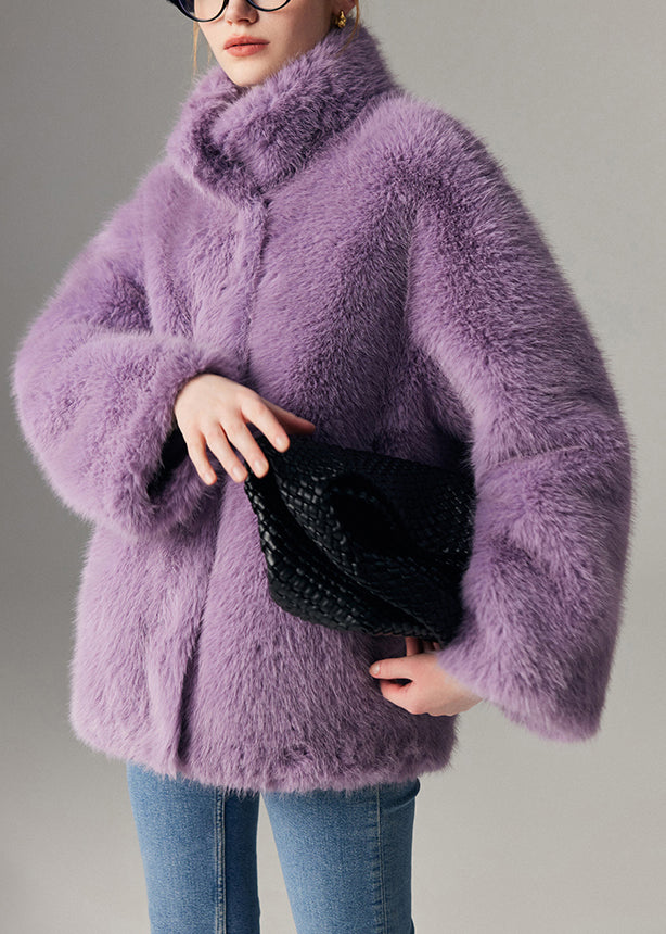 Purple Stand Collar Leather and Fur Coats Winter