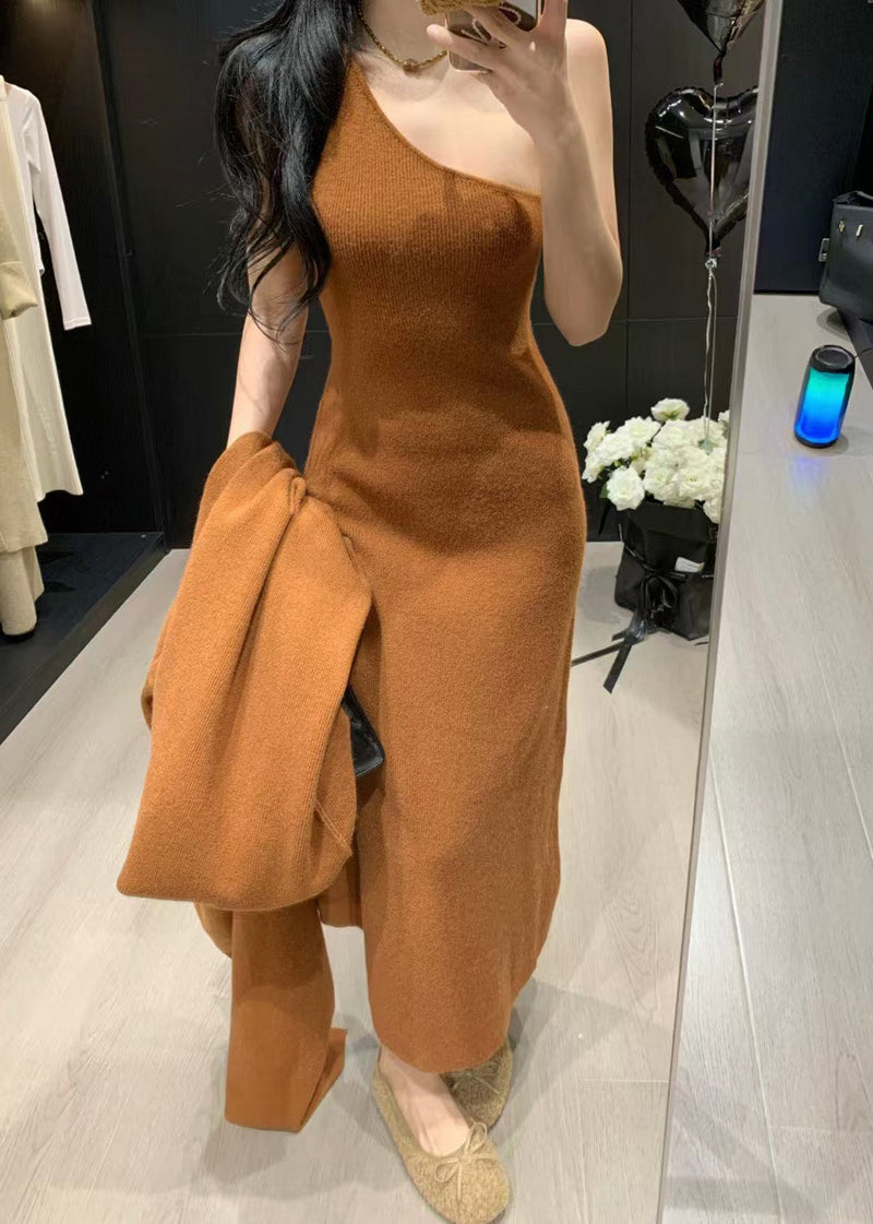 Caramel V Neck Knit Long Coats and Long Dress Two Pieces Set Fall