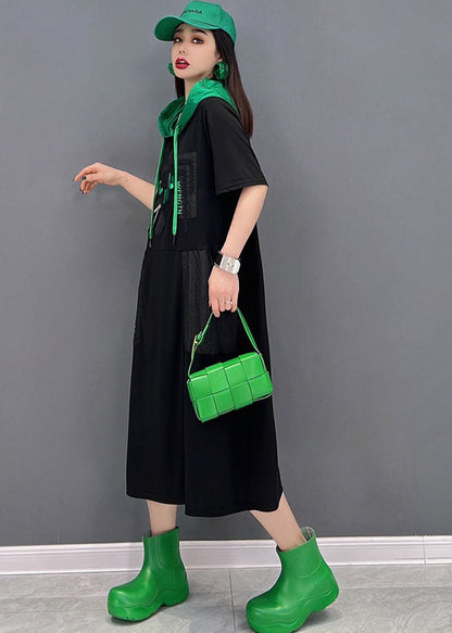 Black Colorblock Hooded Cotton Sweatshirts Dress Short Sleeve