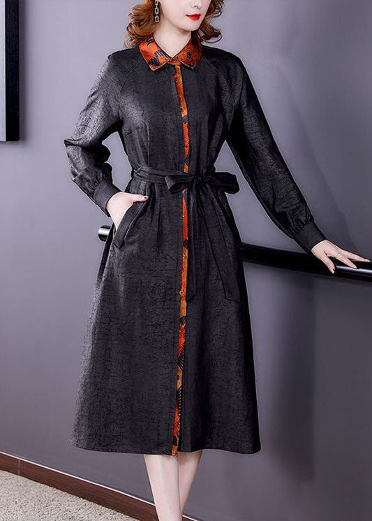 Black Patchwork Tie Waist Silk Fake Two Piece Trench Coat Long Sleeve